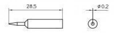 The image displays a technical drawing of an object with an elongated, pointed head and a cylindrical body. On the left, length dimensions are provided, and on the right, a top view is shown.