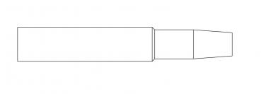 The image displays a simplified, linear representation of a pen. It has an elongated, rectangular shape with a pointed, conical tip at the end.