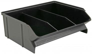 The image shows a dark gray, rectangular plastic container with three compartments. The front is slightly tilted for easy access to the contents.