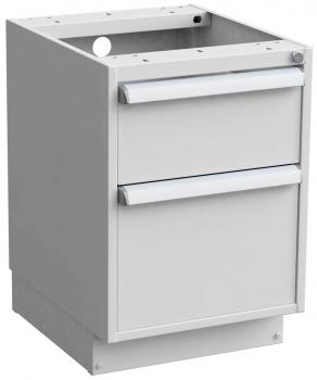 The image shows a white kitchen base cabinet without doors. It has two drawers with long, silver handles and is rectangular with an open top surface.