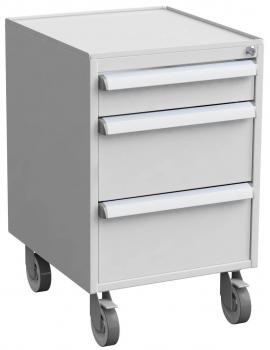 The office container is square and has a smooth, gray surface. It stands on rollers and has three drawers with metallic handles. Ideal for storage in the office.