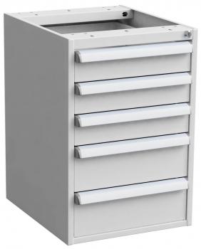 Das Bild zeigt einen grauen Schrank mit sechs Schubladen. Er hat eine quadratische Form und eine offene Oberseite. Die Schubladen sind horizontal angeordnet und haben griffige, schmale Griffe.