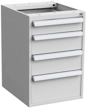 It is a gray drawer cabinet with four equally sized drawers and an open top area. The drawers have wide, silver handles.