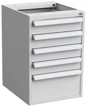 The image shows a gray cabinet with six drawers. The drawers have white handles and are arranged in two groups, with the top one missing. It features a minimalist design.