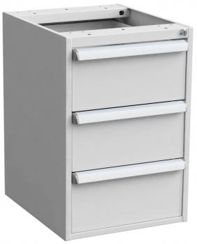 The image shows a white cabinet with three drawers. Each drawer has a narrow, shiny handle. The cabinet is angular and has an open top without a cover.