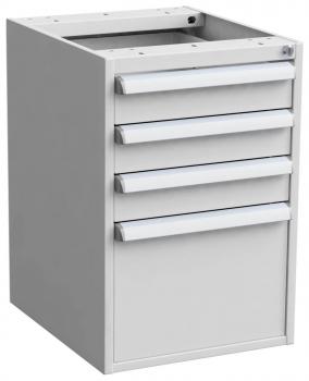 Das Bild zeigt einen grauen Aktenschrank mit fünf Schubladen. Die oberen vier Schubladen sind schmal und flach, die unterste ist breiter und tiefer. Die Oberfläche ist glatt und gleichmäßig.