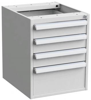 The image shows a gray chest of drawers with five drawers. The top is open, and the drawers are arranged horizontally. It is simple and functional.