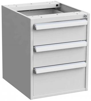 The image shows a white, compact drawer cabinet with three drawers. The drawers have smooth, silver handles and the top compartment is open, ready for a surface.