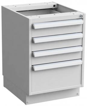 The image displays a simple, bright dresser with four drawers and an open top compartment. The drawers feature slim, straight handles and are designed in a uniform color.