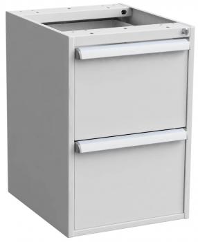 The image shows a simple, white filing cabinet with two drawers. The drawers are equipped with silver handles and the cabinet has an open top.