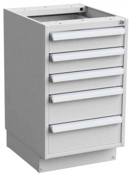 The image displays a white chest of drawers with five drawers. The drawers are shallow and feature a narrow handle. The top part is open and without a cover.