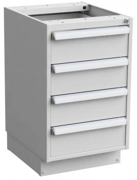 The cabinet is made of gray material and has four drawers with narrow, straight handles. It is open at the top, probably for a countertop or a sink.