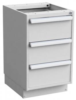The image shows a white kitchen cabinet with three drawers. It has a smooth surface and an open top area suitable for a countertop. The drawers feature simple, straight handles.