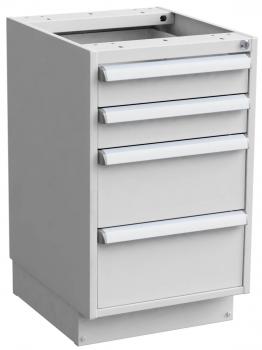 The image shows a simple, white cabinet with four drawers. It has an open top and is often used in offices or workshops. The drawers have metal handles.