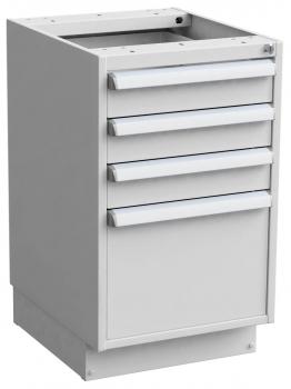 The image shows a gray, simple cabinet with four drawers in the middle and a door at the bottom. The top is open and has a pre-drilled hole.