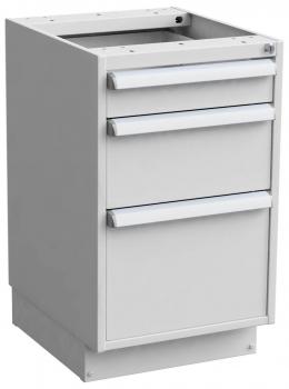 The image shows a gray cabinet with four compartments. At the top, there is an open area, below which are three narrow drawers and one large door. The surface is smooth and modern.