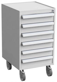 The image shows a compact, white rolling cabinet with a smooth surface and seven drawers. It stands on four casters and is versatile.