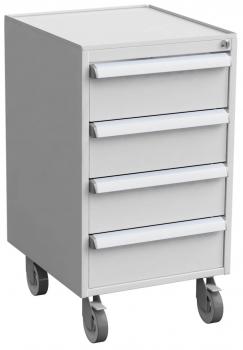 A gray rolling cart with four drawers. It has a smooth surface and is mounted on two sturdy wheels, allowing for easy movement.