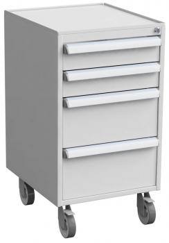 The desk rolling cabinet is gray, has four drawers with silver handles, and stands on four casters. The surface is flat and smooth, suitable for storage.