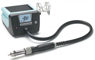 The image shows a device with a display set to 400°C. It has a black and aqua-colored casing. A long hose with a pointed nozzle connects the main unit to a handpiece.
