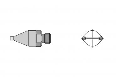 Das Bild zeigt eine technische Zeichnung eines Objekts aus zwei Perspektiven: von der Seite mit konischer Form und von oben in ovaler Form. Es ist neutral in Grautönen gehalten.