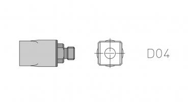 Das Bild zeigt eine technische Zeichnung eines Bauteils. Auf der linken Seite ist die Seitenansicht zu sehen, rechts eine Draufsicht, daneben steht die Bezeichnung ?D04?.