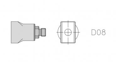 Das Bild zeigt eine technische Zeichnung eines Bauteils in zwei Ansichten: von der Seite und von oben. Gezeigt wird ein rechteckiger Körper mit einer durchgehenden Öffnung. Daneben steht "D08".