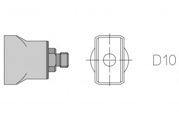 Das Bild zeigt eine technische Zeichnung eines zylindrischen Bauteils mit einem Schraubengewinde. Eine Ansicht zeigt die Seite, die andere die Oberseite mit der Bezeichnung "D10".