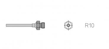 Das Bild zeigt eine technische Zeichnung eines Bauteils: ein zylindrischer Stift mit einer Mutter an einer Seite und einer hexagonalen Basis mit der Kennzeichnung "R10".