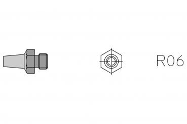 Das Bild zeigt eine technische Darstellung eines Bauteils. Links ist ein konisches Element mit Gewinde zu sehen, rechts ein Sechskant mit der Bezeichnung ?R06?.