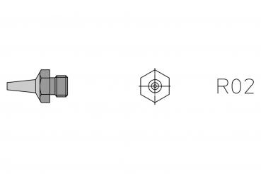 Das Bild zeigt eine technische Zeichnung eines Bauteils, das wie ein konischer Schraubenzapfen aussieht. Außerdem ist eine hexagonale Ansicht mit der Beschriftung "R02" dargestellt.