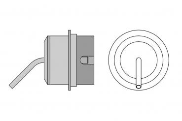 The image shows a schematic connection with a round casing and a hose leading out to the side. Side view and top view are depicted.