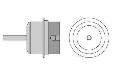The image shows a technical component, likely a connector or a joint. It has a cylindrical shape with a flat end and a lateral shaft. The other end is round.