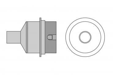 The image shows a technical drawing of a cylindrical object with a rounded top and a flat base. It has a lateral extension and a central opening.