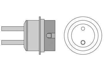 The image shows an electrical plug from the side and a round view. The plug has two pins and a centering feature that provides stability.
