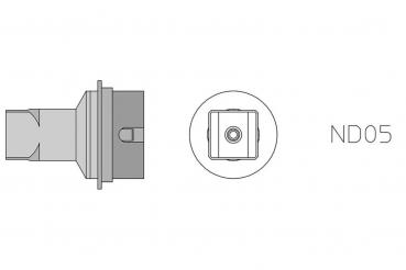 The image displays a technical drawing of a component. On the left is a side view, and on the right a top view with the label "ND05" in the center.