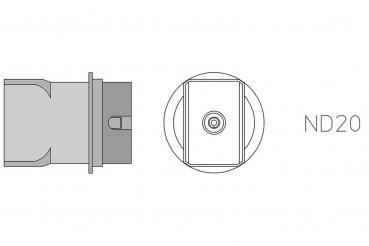 The image displays a technical drawing of a component. On the left is a side view, and on the right a top view with the label 