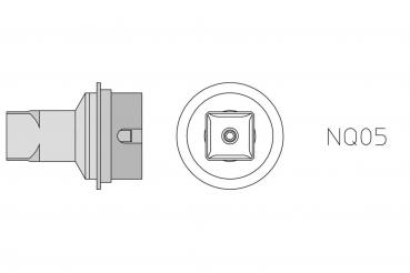 The image displays a technical component consisting of a cylindrical part with a rectangular attachment. Adjacent to it is a round surface featuring a square indentation.