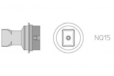 The image shows a technical drawing of a part. On the left is the profile with a narrow opening, and on the right is a round view with a square shape in the center.