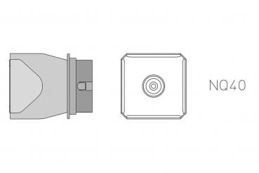 The image displays a technical component consisting of a cylindrical part with a rectangular attachment. Adjacent to it is a round surface featuring a square indentation.
