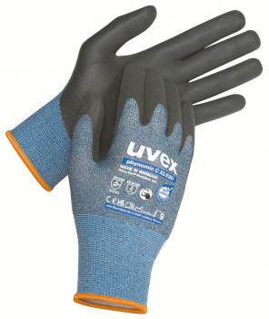 The image displays a pair of work gloves in size M. The gloves feature a gray, non-slip surface and a blue fabric cuff. The palm and fingers are black.