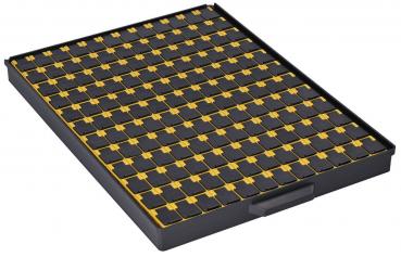 The image shows a rectangular box with many small compartments. Each compartment contains a black element with a yellow border. The compartments are evenly arranged.