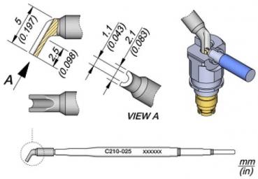 The image displays technical drawings of a component with various views and dimensions, including a hose connection and a detailed view of the design.