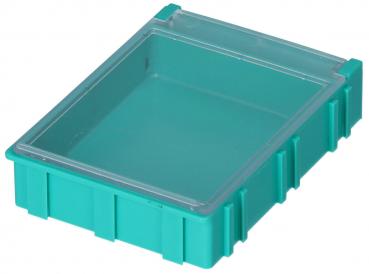 Das Bild zeigt eine flache, rechteckige Aufbewahrungsbox in Türkis mit einem transparenten Deckel. Die Box hat eine strukturierte Außenfläche und ist platzsparend.