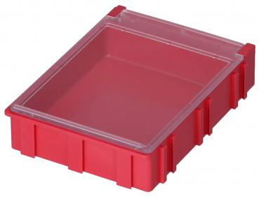 Das Bild zeigt eine rechteckige Kunststoffschachtel in leuchtendem Rot, mit einem transparenten Deckel. Die Kanten sind leicht wellenförmig und die Box hat einen flachen Boden.