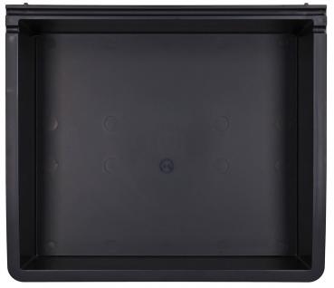 The image shows a square, flat case or box made of black plastic. The surface is smooth, and the edges are slightly rounded. The inside is also black.