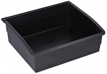 The image shows a rectangular, black plastic box with open sides and a slightly slanted top edge. The box has no lid and is empty inside. It is used for storage.