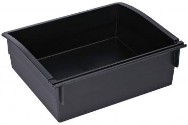 The image shows a rectangular, flat plastic box in black. It has high sides and a rounded top edge. The inside is also black and smooth.