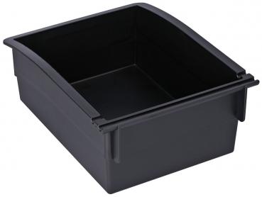 The image shows a black, rectangular plastic box. It has an open top and a slightly outward-curved front edge. The walls are sturdy and the bottom is flat.