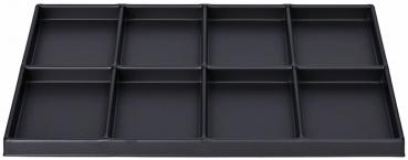 The image shows a black shelf with nine rectangular compartments that are evenly arranged. Each compartment is the same size and provides space for various items.